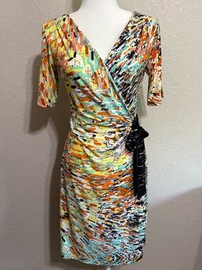 Lily Abstract Print Faux Wrap-Style Dress- Orange, Yellow, Mint, Black, & White